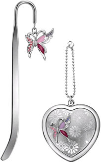 Jardin D'ete. Подарочный набор "Сиреневая бабочка": косметическое зеркало в виде сердца на цепочке и закладка для книг, материал – сталь, стекло, цвет – серебристый.