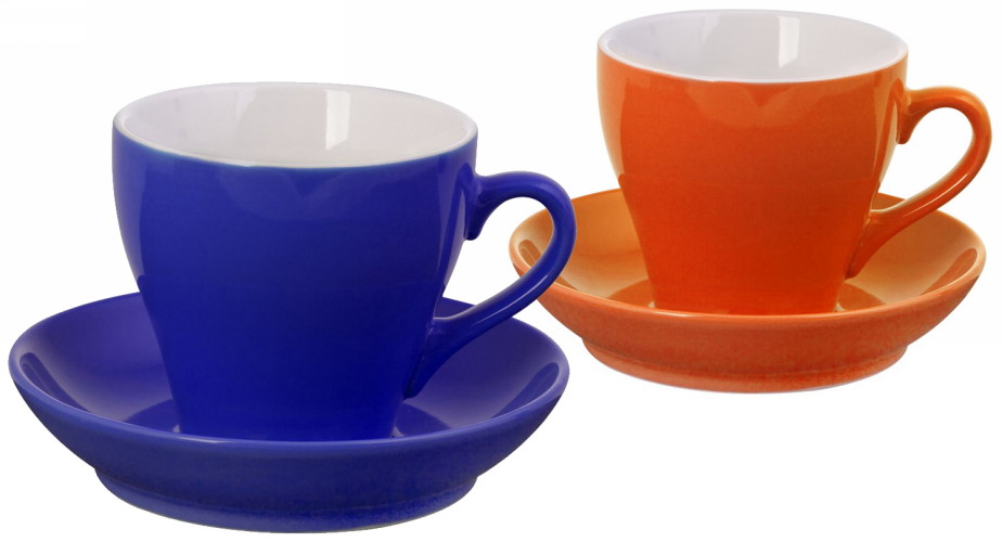 6477. Чайная пара "Тюльпан", материал - керамика, цветное блюдце и цветная чашка с белой внутренностью, печать логотипа и изображений на блюдце и чашку - деколь.