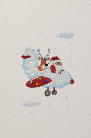 Открытка новогодняя "Дед Мороз на самолёте", открытка изготовлена на дизайнерском картоне, печать офсетная, объёмное тиснение, выборочная уф-лакировка. Печать логотипа и поздравительного текста на открытке – шелкография.