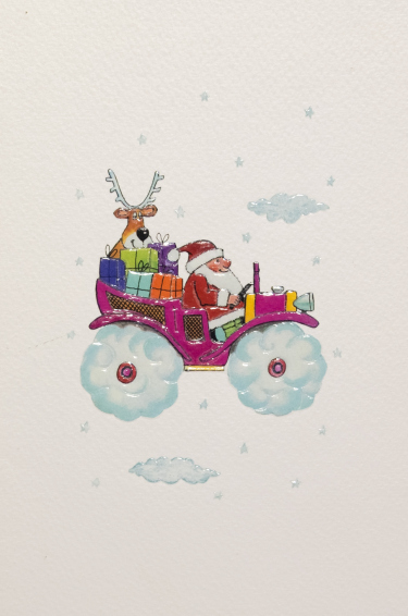 Открытка новогодняя "Дед Мороз на автомобиле", открытка изготовлена на дизайнерском картоне, печать офсетная, объёмное тиснение, выборочная уф-лакировка. Печать логотипа и поздравительного текста на открытке – шелкография.