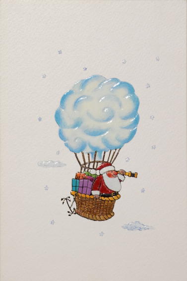 Открытка новогодняя "Дед Мороз на воздушном шаре", открытка изготовлена на дизайнерском картоне, печать офсетная, объёмное тиснение, выборочная уф-лакировка. Печать логотипа и поздравительного текста на открытке – шелкография.