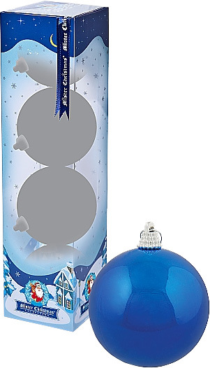 Ёлочный шар, цвет – синий глянцевый. Ёлочные шары упакованы в подарочную коробку по 4 штуки. Диаметр синих глянцевых ёлочных шаров - 60 мм., 70 мм. и 80 мм. Нанесение логотипа на ёлочные шары - тампопечать.