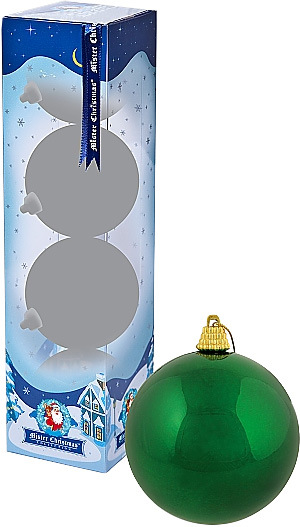 Ёлочный шар, цвет – зелёный глянцевый. Ёлочные шары упакованы в подарочную коробку по 4 штуки. Диаметр зелёных глянцевых ёлочных шаров - 60 мм., 70 мм. и 80 мм. Нанесение логотипа на ёлочные шары - тампопечать.