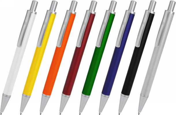 Металлическая шариковая ручка под нанесение логотипа B1 Classic. Металлическая шариковая ручка с цветным глянцевым корпусом и кнопочным механизмом, матовый серебристый клип, кнопка и наконечник.