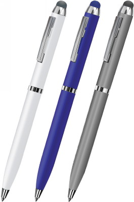 Металлическая шариковая ручка под нанесение логотипа B1 Clicker Touch. Шариковая металлическая ручка с цветным глянцевым корпусом, оригинальным нажимным механизмом и стилусом для сенсорных экранов, блестящие детали дизайна серебристого цвета.