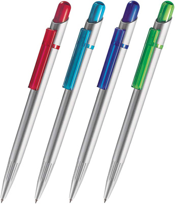 Шариковая ручка под нанесение логотипа Lecce Pen 120 MIR SAT. Шариковая ручка с пластиковым серебристым матовым корпусом и прозрачным блестящим цветным клипом и кнопкой.