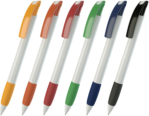 Шариковая ручка под нанесение логотипа Lecce Pen 151 NOVE. Шариковая ручка с белым непрозрачным глянцевым корпусом, непрозрачным глянцевым цветным клипом и мягкой зоной грифа в цвет клипа.