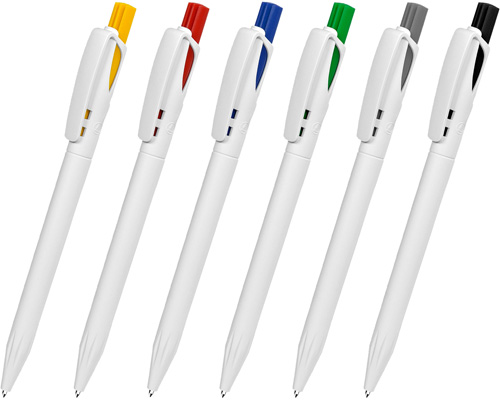 Шариковая ручка под нанесение логотипа Lecce Pen 161 TWIN. Шариковая ручка с белым непрозрачным глянцевым корпусом и клипом, цветной пластиковой кнопкой.