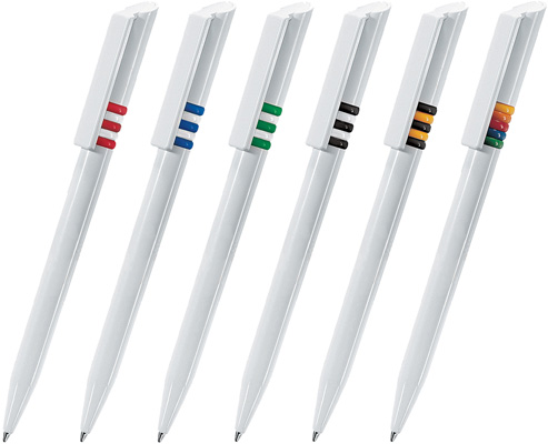 Шариковая ручка под нанесение логотипа Lecce Pen 174 GRIFFE. Шариковая ручка с поворотным механизмом выдвижения стержня, белый пластиковый глянцевый корпус и клип, цветные глянцевые колечки.