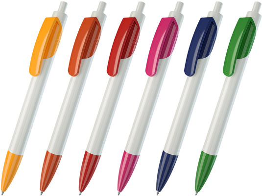 Шариковая ручка под нанесение логотипа Lecce Pen 202 TRIS. Шариковая ручка с белым непрозрачным глянцевым корпусом, цветным непрозрачным глянцевым наконечником и клипом.