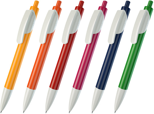 Шариковая ручка под нанесение логотипа Lecce Pen 203 TRIS. Шариковая ручка с цветным непрозрачным глянцевым корпусом и кнопкой, белым непрозрачным глянцевым наконечником и клипом.