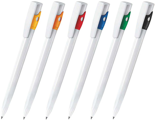 Шариковая ручка под нанесение логотипа Lecce Pen 390 KIKI. Шариковая ручка с непрозрачным глянцевым белым корпусом и клипом-кнопкой, цветная матовая вставка в верхней части ручки.