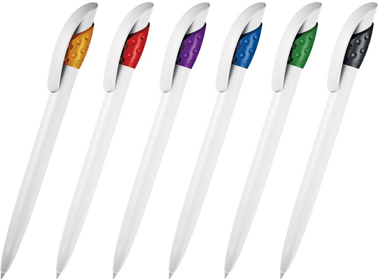 Шариковая ручка под нанесение логотипа Lecce Pen 410 GOLF. Шариковая ручка с непрозрачным белым корпусом и клипом-кнопкой, цветная пластиковая вставка.