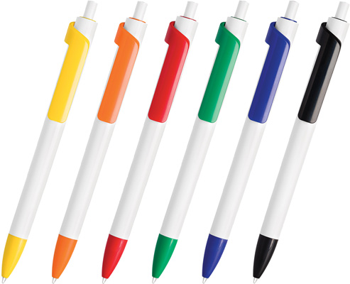 Шариковая ручка под нанесение логотипа Lecce Pen 601 FORTE. Шариковая ручка с непрозрачным глянцевым белым корпусом и кнопкой, глянцевым непрозрачным цветным наконечником и клипом оригинальной формы.