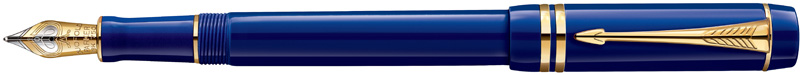 1907184. Перьевая ручка Parker DUOFOLD Lapis Lazuli GT. Перьевая ручка Паркер из элегантной синей смолы со скручивающимся колпачком, полированное золотое перо с родиевым наконечником, позолоченные детали дизайна.
