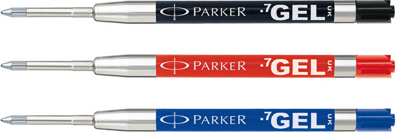 Гелевый стержень Parker GEL для шариковых ручек Паркер. Стержни Parker GEL подходят для всех шариковых ручек Паркер. Пишущий узел защищён удаляемой пломбой. Доступные цвета пасты: синий, чёрный, красный.