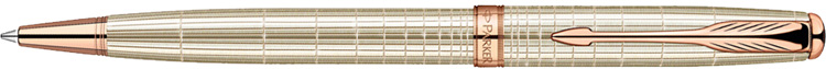 1859493. Шариковая ручка Parker SONNET Chiselled Silver PGT. Шариковая ручка Паркер с поворотным механизмом, корпус из чистого серебра, детали дизайна покрыты розовым золотом.