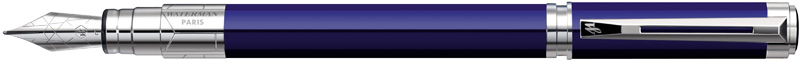 S0830940. Перьевая ручка Waterman Perspective Blue CT. Перьевая ручка Ватерман с пером из нержавеющей стали с тонко выгравированными наклонными линиями, корпус ручки и съёмный колпачок покрыты блестящим синим лаком, детали дизайна с палладиевым покрытием.