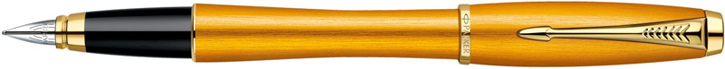 1892540. Перьевая ручка Parker URBAN PREMIUM Mandarin Yellow. Перьевая ручка Паркер с пером из нержавеющей стали и шикарной отделкой - анодированный алюминиевый корпус золотисто-мандаринового цвета с вертикальной текстурированной обработкой, детали дизайна ручки золотого цвета, съёмный колпачок.