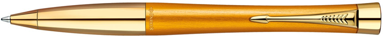 1892655. Шариковая ручка Parker URBAN PREMIUM Mandarin Yellow. Шариковая ручка Паркер с поворотным механизмом выдвижения стержня и шикарной отделкой - анодированный алюминиевый корпус золотисто-мандаринового цвета с вертикальной текстурированной обработкой, детали дизайна и зона захвата ручки с блестящей отделкой золотого цвета.