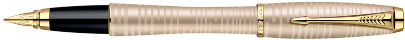 1906852. Перьевая ручка Parker Urban Premium Golden Pearl. Перьевая ручка Паркер с позолоченным пером из нержавеющей стали превосходной прочности и износостойкости, алюминиевый корпус нежного золотого цвета с розовым оттенком, лёгкой пескоструйной обработкой и тонкой гравировкой, детали дизайна золотистого цвета, съёмный колпачок.
