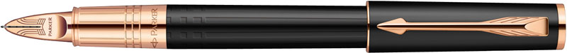 S0959060. Ручка Пятый пишущий узел Parker Ingenuity Slim Black Rubber. Ручка Паркер пятый пишущий узел со съёмным колпачком, чёрное нескользящее лаковое покрытие с узором из вертикальных линий, детали дизайна с PVD-покрытием из розового золота.
