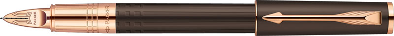 S0959070. Ручка Пятый пишущий узел Parker Ingenuity Slim Brown Rubber. Ручка Паркер пятый пишущий узел со съёмным колпачком, шоколадное нескользящее лаковое покрытие с узором из вертикальных линий, детали дизайна с PVD-покрытием из розового золота.