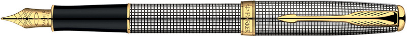 S0808140. Перьевая ручка Parker SONNET Cisele Sterling Silver. Перьевая ручка Паркер с золотым пером, корпус ручки и съёмный колпачок - матированное стерлинговое серебро с гравировкой, заполненной чёрным лаком, позолоченные детали дизайна.