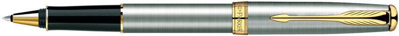 S0809130. Роллер Parker SONNET Stainless Steel GT. Роллер Паркер со съёмным колпачком, корпус и колпачок роллера из нержавеющей стали с текстурированной и полированной поверхностью, придающей роллеру приятный сатиновый эффект, детали дизайна покрыты 23-Каратным золотом.
