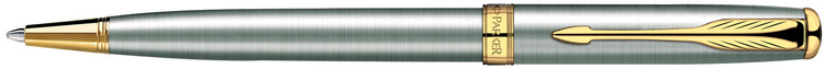 S0809140. Шариковая ручка Parker SONNET Stainless Steel GT. Шариковая ручка Паркер с поворотным механизмом и корпусом из нержавеющей стали с текстурированной и полированной поверхностью, придающей ручке приятный сатиновый эффект, детали дизайна ручки покрыты 23-Каратным золотом.