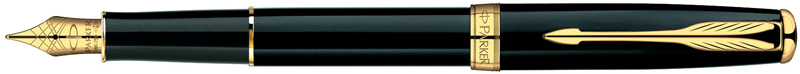 S0833860. Перьевая ручка Parker SONNET Deep Black Lacquer GT. Перьевая ручка Паркер с золотым пером 18К. Корпус ручки и съёмный колпачок покрыты несколькими слоями чёрного блестящего лака, детали дизайна плакированы 23-Каратным золотом.