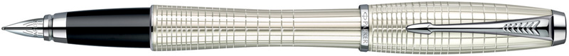 S0911430. Перьевая ручка Parker URBAN PREMIUM Pearl Metal Chiselled. Перьевая ручка Паркер оснащена пером из прочной нержавеющей стали, перламутрово-бежевая отделка корпуса покрытая блестящим лаком, хромированные детали дизайна, ассиметричная гравировка корпуса и съёмного колпачка ручки.