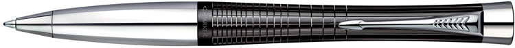 S0911500. Шариковая ручка Parker URBAN PREMIUM Ebony Metal Chiselled. Шариковая ручка Паркер с поворотным механизмом выдвижения стержня,  эбонитово-чёрный корпус с металлическими отблесками покрыт блестящим лаком, асссиметричная гравировка корпуса ручки, хромированные детали дизайна и зона захвата ручки.