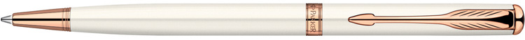 S0947400. Шариковая ручка в тонком корпусе Parker SONNET Slim Pearl Lacquer PGT.Шариковая ручка Паркер в тонком корпусе с поворотным механизмом, корпус ручки выполнен в нежной и женственной перламутровой отделке с жемчужным отливом, детали дизайна ручки покрыты розовым золотом.