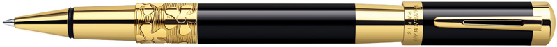 S0898650. Роллер Waterman Elegance Lady Diamond Black GT. Роллер Ватерман со съёмным колпачком, корпус роллера и колпачок покрыты глубоким блестящим чёрным лаком, художественно выгравированный цветочный декор на центральном кольце роллера, детали дизайна покрыты 23-Каратным золотом.